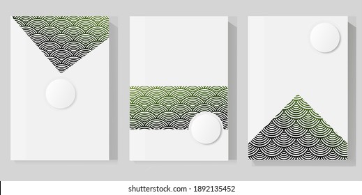 Set of minimalist cover designs with a white background and geometric layering. Featuring a green to gray fish scale pattern and subtle circular elements..