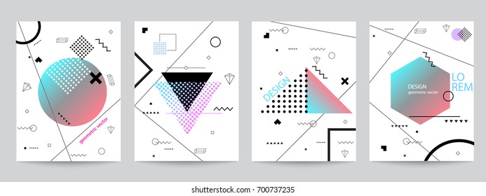 Set of minimalist covers design with geometric forms. Abstract vector objects with halftone gradients for poster design. Modern Decoration shapes and figures for web, print, patterns,branding