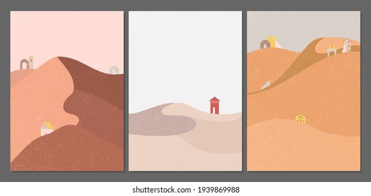 Set of minimalist covers with dunes and oriental buildings in nature colors. Boho printable abstract vector art. For covers, notebook covers, prints, wall art, home decoration, etc.