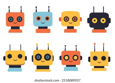 Set of minimalist cute robot heads, made of simple rectangles, vector set isolated on white