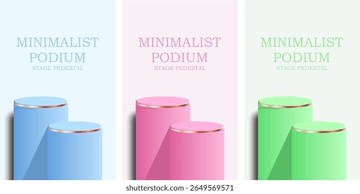 Set of minimalist cylinder podium stage pedestal in pastel blue, pink, and green colors for product display, award stage, or cosmetic promotion. Ideal for modern showcase design.
