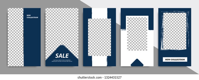 Set of minimalist dark blue indigo geometric banner template background. Suitable for social media stories, story, product catalog, expandable and roll vertical banner, flyer and brochure.