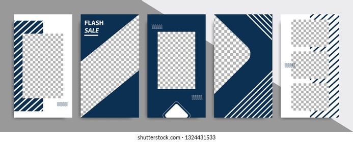 Set of minimalist dark blue indigo geometric banner template with stripe background. Suitable for social media stories, story, product catalog, expandable and roll vertical banner, flyer and brochure.