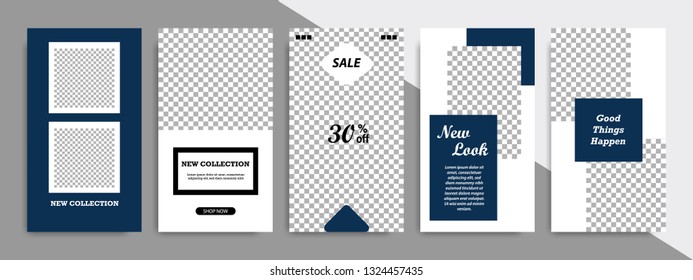 Set of minimalist dark blue indigo geometric shape banner template background. Suitable for social media stories, story, product catalog, expandable and roll vertical banner, flyer and brochure.