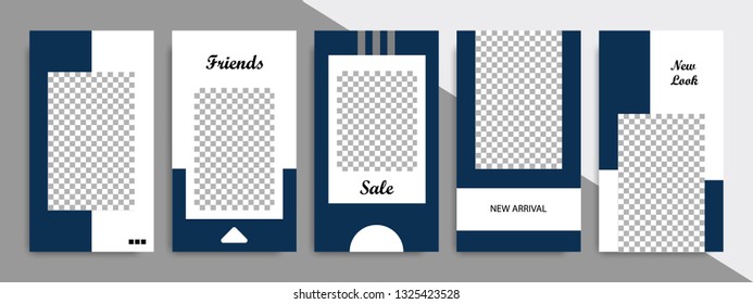 Set of minimalist dark blue indigo geometric shape banner template background. Suitable for social media stories, story, product catalog, expandable and roll vertical banner, flyer and brochure.