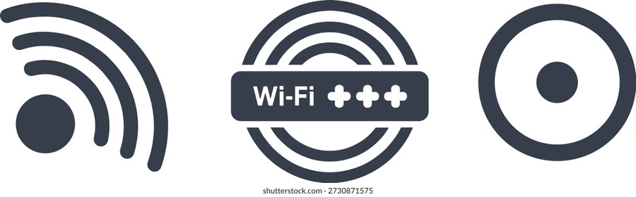 Conjunto de iconos de señal Wi-Fi y conexión inalámbrica gris oscuro minimalista con indicador de Contraseña aislado sobre fondo blanco.