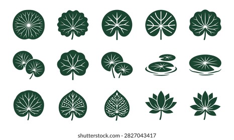 Set of minimalist dark green aquatic plant icons including lotus leaves, water lily pads with vein details, and blooming lotus flowers isolated on a clean white background.