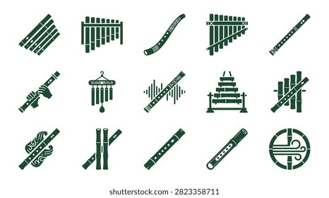 Set of minimalist dark green vector icons featuring various bamboo flutes, pan pipes, wind chimes, and traditional woodwind instruments isolated on a white background for graphic design.