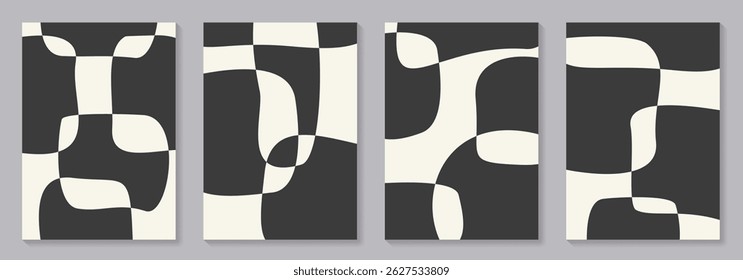 Set of minimalist design posters with black shapes. Abstract monochrome minimal vector illustration. Trendy vintage pattern background for cover design, poster and interior. Bauhaus posters.