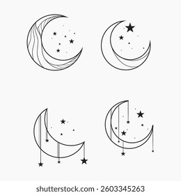 Set of minimalist designs of crescent moons paired with various constellations of stars.