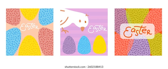 Set of minimalist Easter banners with bright colors and abstract patterns. Modern style with dotted textures, Easter eggs, and simple handwritten font. For social media, websites, or greeting cards