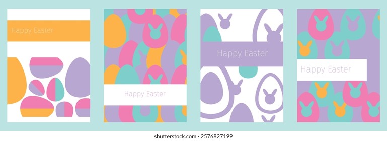 Set of minimalist Easter cards with geometric Easter eggs. Trendy editable vector template for greeting card, poster, banner, invitation, social media post.