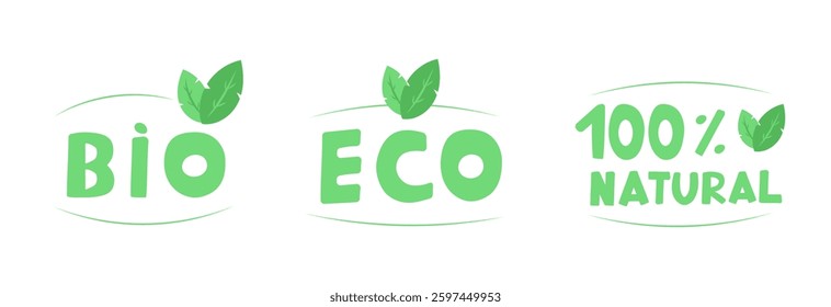 set of minimalist eco-friendly logos featuring green leaves and organic typography. Perfect for sustainable brands, eco-conscious packaging, and natural product labeling