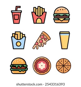 Conjunto De Minimalista Fast Food Icon Set, Conceito De Alimento Isolado No Fundo Branco.