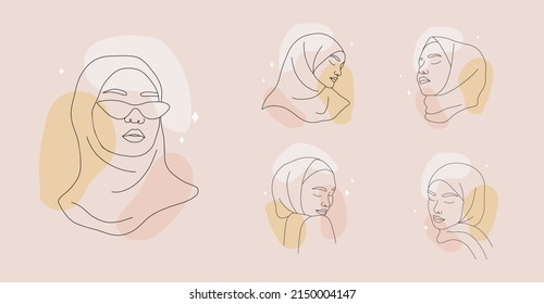 Set of minimalist female portraits on colored spots. Linear islamic women in hijab with closed eyes. Vector illustration in one line drawing style. Perfect for beauty logo.