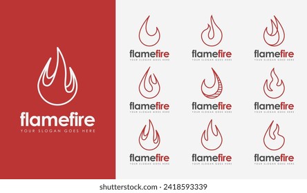 Conjunto de logotipo minimalista de llama de fuego, línea de diseño abstracto de llama de fuego vectorial