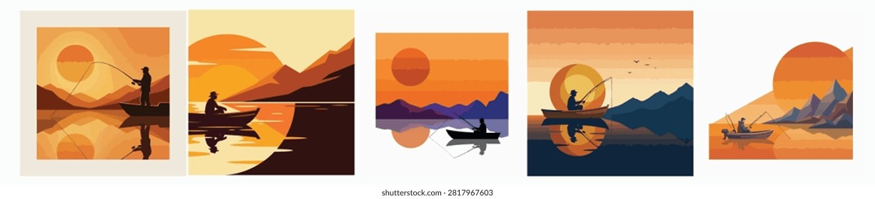 Set of minimalist fishing vector illustrations showing fishermen in boats at sunset and sunrise