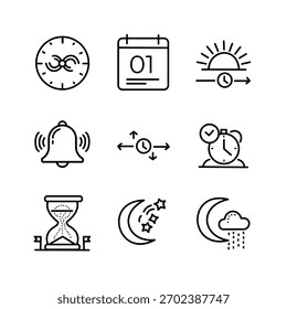 A set of minimalist, flat, black line art icons for time, date, and scheduling. Includes symbols for Clock, Calendar, Alarm, Time Zone, Sunrise Sunset, and Lunar Cycle.