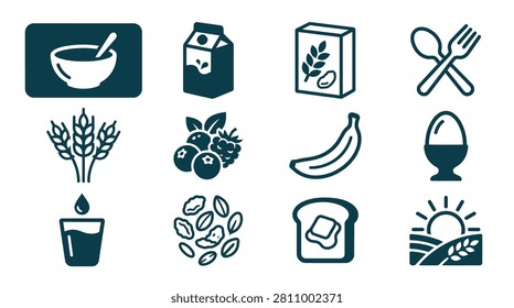 Set of minimalist flat icons for healthy breakfast featuring a cereal bowl, milk carton, wheat, berries, banana, egg, water, nuts, toast, and sun over rural wheat farm fields.