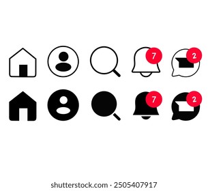 A set of minimalist and flat icons on a white background. Icons represent common user interface elements such as homepage, profile, search, notifications, and messages.