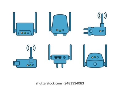 A set of minimalist flat illustrations of wireless access points and wifi routers