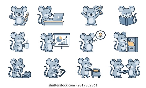 A set of minimalist flat vector icons depicting an adorable mouse in various office activities, including working, presenting, and collaborating.
