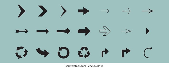 Un conjunto de iconos de interfaz de usuario minimalistas de estilo plano: principalmente flechas de navegación ("siguiente", "adelante"), además de símbolos comunes como jugar, actualizar, reciclar y punteros de mano. Ideal para Diseño web y aplicaciones.