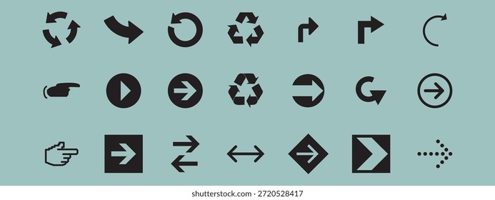 Un conjunto de iconos de interfaz de usuario minimalistas de estilo plano: principalmente flechas de navegación ("siguiente", "adelante"), además de símbolos comunes como jugar, actualizar, reciclar y punteros de mano. Ideal para Diseño web y aplicaciones.