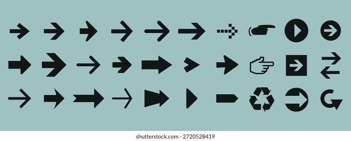 Un conjunto de iconos de interfaz de usuario minimalistas de estilo plano: principalmente flechas de navegación ("siguiente", "adelante"), además de símbolos comunes como jugar, actualizar, reciclar y punteros de mano. Ideal para Diseño web y aplicaciones.
