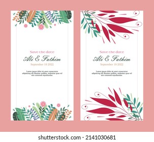 Set minimalist floral illustrations wedding invitation template