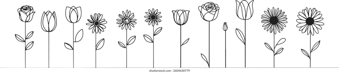 Set of Minimalist Flower Line Art Illustrations – Hand Drawn Botanical Vector Collection
