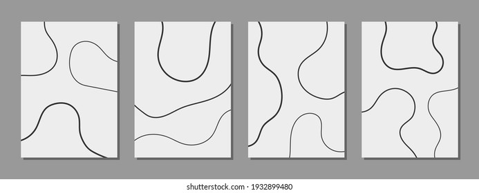 Set of minimalist flowing lines black and white artistic design for cover and poster or wall decoration, vector illustration. Abstract interior design.