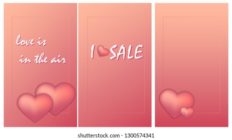 Set of minimalist flyers' posters with voluminous hearts. Valentine's day posters. Simple clean sale/promotion banners.
