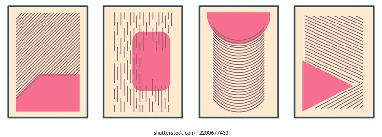 Set of minimalist geometric abstract design posters, vector templates with elements of lines, squares, triangles and semi-circles, in modern colors