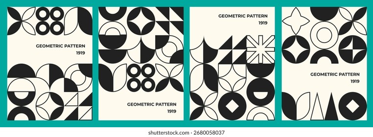 Conjunto de carteles geométricos minimalistas. Abstractas arte de estilo retro y2k con Formas simples en negro, blanco. Gráfico moderno, Elementos cuadrados decorativos para el año Nuevo, fondo de Navidad, postal. Vector EPS10