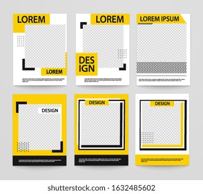 Set of minimalist geometric posters with line shapes, black with yellow. Trendy brochure design.