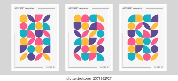 Set of minimalist geometric posters. Vector multicolored abstract shapes and patterns. Poster design for wall decor, print, postcards.	