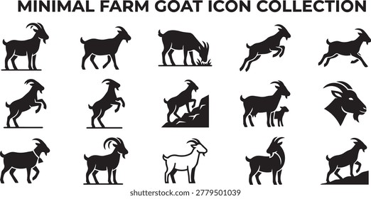 Set of minimalist goat silhouettes featuring grazing goats standing animals jumping livestock and kid silhouettes. Perfect for agricultural branding and farm animal design projects.