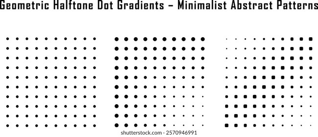 A set of minimalist halftone dot patterns with smooth gradient effects, perfect for abstract backgrounds, modern graphic design, digital overlays, and stylish monochrome artwork.