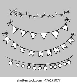 set of minimalist hand drawn black and white sketches of garlands with flags and light bulbs isolated on gray background