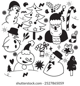 A set of minimalist hand drawn doodles featuring snowmen, Santa, a Christmas tree, candy canes, and other festive elements in a simple, playful style