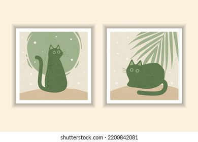 Conjunto de ilustraciones minimalistas con dibujos a mano para la decoración de las paredes. Muros de arte mínimo y natural. Diseño de ilustraciones de gatos para papel, cubierta, afiche y papel pintado.