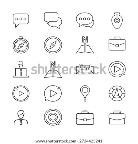 Set of minimalist hand drawn line icons for communication and business UI, including chat bubbles, clocks, briefcases, and play buttons in black and white.