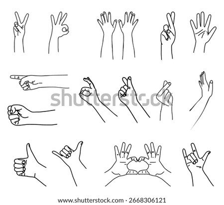 Set of minimalist hand gesture line drawings showing various signs like peace, thumbs up, love, pointing, and symbols.  
