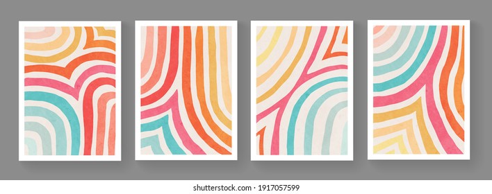 Set of minimalist hand painted posters. Mid century modern illustration. Colorful stripes artwork. Abstract cover design. Contemporary art.