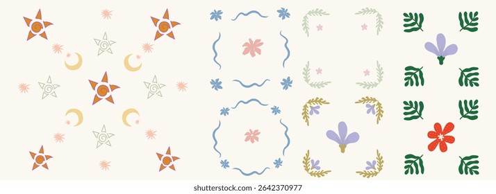 set of minimalist, hand-drawn elements inspired by celestial motifs and botanical forms, featuring crescent moons, various star shapes, delicate flowers, and foliage. 