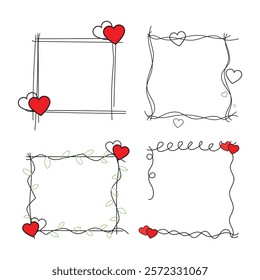 Set of minimalist hand-drawn square frame with overlapping red and white hearts