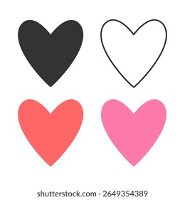 Set of minimalist heart icons in black, white, red, and pink, perfect for love, romance, valentines, or wedding themes. Simple and versatile vector design.