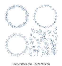 Set of minimalist herbal wreaths and branches and leaves. Vector hand drawn line art graphics for logo, monogram design creation and spring or summer related