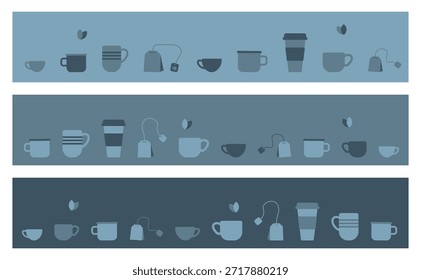 Set of minimalist horizontal banners featuring cups, mugs, takeaway coffee cups, and tea bags arranged in a clean flat style. The design uses calm blue and gray tones, creating a modern, cozy, and balanced aesthetic. Ideal for website headers, social media covers, cafe and coffee shop branding, packaging design, menu backgrounds, lifestyle blogs, and beverage-related projects. The simple shapes and repeating elements make the banners versatile and easy to integrate into both digital and print designs. Suitable for themes such as coffee break, tea time, cafe culture, relaxation, minimal lifestyle, and modern UI design.